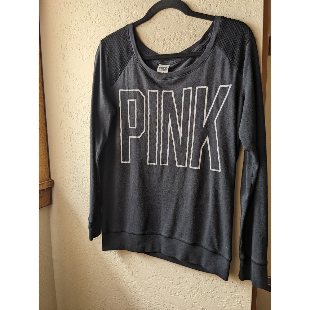 Y2K Victoria's Secret PINK Sweatshirt Black Mesh Shoulder Logo Pullover Medium